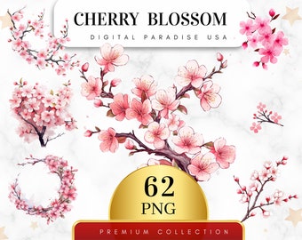 Set of 62, Cherry Blossom Clipart, Pink Flower Clipart, Floral PNG, Spring Clipart, Cherry Blossom PNG, Sublimation PNG, Digital Download