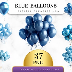 Set of 37, Blue Balloons Clipart, Balloon PNG, Party Decor Clipart, Birthday Clipart, Balloon Bundle, Nursery Art, Sublimation, Digital PNG