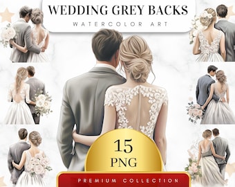May include: A set of 15 watercolor illustrations of couples in wedding attire. The illustrations feature a grey background and are perfect for creating wedding invitations, save the dates, or other wedding stationery.