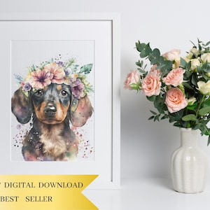 May include: A watercolor painting of a dachshund wearing a flower crown. The dog is looking directly at the viewer. The background is a light blue with white splatters of paint.
