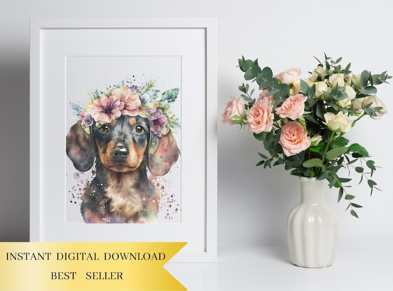 May include: A watercolor painting of a dachshund wearing a flower crown. The dog is looking directly at the viewer. The background is a light blue with white splatters of paint.