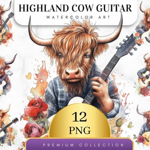 Set of 12, Watercolor Highland Cow with Guitar, Guitar png, Musical Clipart, Classic Guitar, Floral Guitar Png, Rock Clipart, Digital Png