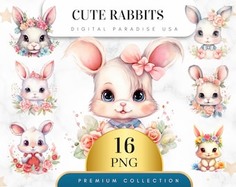 Set of 16, Cute Rabbits Clipart, Bunny Clipart, Rabbit PNG, Easter Bunny, Spring Clipart, Watercolor Bunny, Sublimation PNG,Digital Download