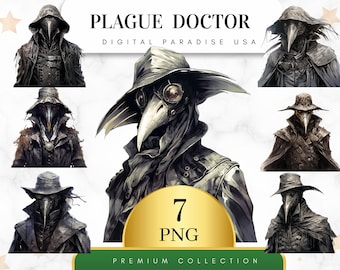 Zestaw 7, Plague Doctor Clipart, Plague Doctor PNG, Watercolor Doctor, Fantasy Clipart, Junk Journal, Sublimacja Clipart, Pobieranie cyfrowe