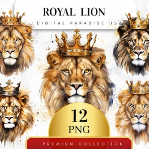 May include: A digital illustration set of 12 watercolor lion heads wearing gold crowns. The lions have a majestic expression and are set against a white background with gold and blue watercolor splatters.  The text "ROYAL LION" and "DIGITAL PARADISE USA" is at the top of the image.  The text "12 PNG" is in a gold circle and the text "PREMIUM COLLECTION" is in a red rectangle at the bottom of the image.