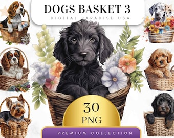 Set of 30, Watercolor Dogs in Basket, Animal PNG, Cute Floral Dogs Clipart, Dog PNG, Dog Basket Png, Dog Lovers Gift Clipart, Digital Png