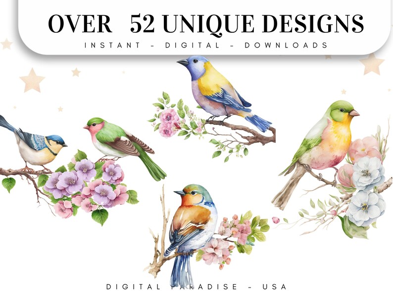 Puede incluir: Ilustraci&oacute;n digital de cuatro p&aacute;jaros de acuarela posados en ramas con flores rosas y blancas. Los p&aacute;jaros son azules, verdes, amarillos y naranjas con una variedad de patrones. El texto "OVER 52 UNIQUE DESIGNS" est&aacute; en la parte superior de la imagen. "INSTANT - DIGITAL - DOWNLOADS" est&aacute; debajo del texto. "DIGITAL PARADISE - USA" est&aacute; en la parte inferior de la imagen.
