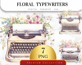 Set of 7, Floral Typewriters Clipart, Vintage Typewriter, Floral PNG, Typewriter PNG, Watercolor Typewriter, Sublimation PNG, Digital Png