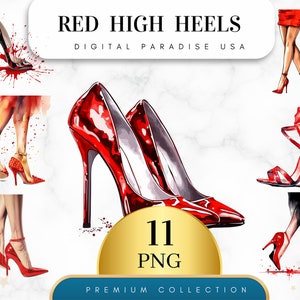 Set of 11, Red High Heels Clipart, Fashion Clipart, Heels PNG, Girly Clipart, Vintage Heels, Junk Journal, Fashion Sublimation, Digital PNG