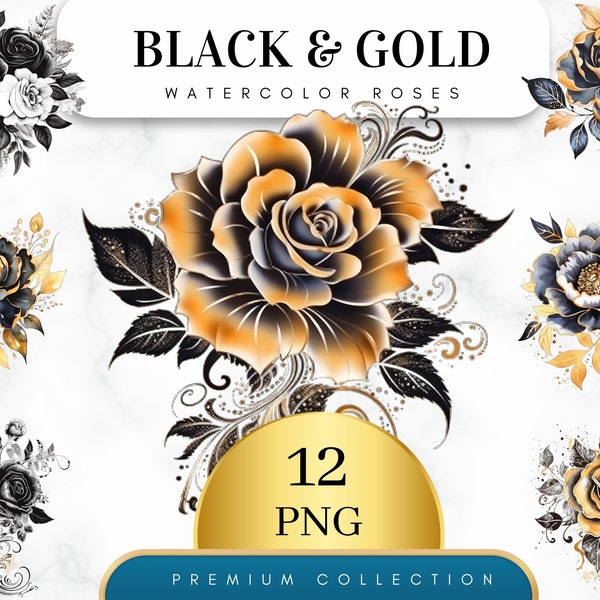 Set of 12, Watercolor Black Gold Roses, Floral Clipart, Wedding Clipart, Spring Clipart, Black Gold Flower Png, Watercolor Rose, Digital Png