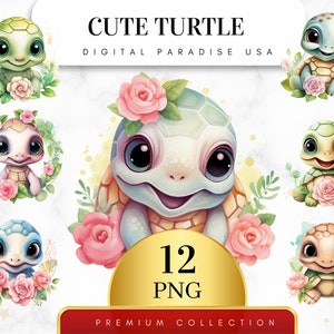 Set of 12, Cute Turtle Clipart, Turtle PNG, Cute Animal Clipart, Watercolor Turtle Art, Baby Shower Decor, Sublimation PNG, Digital Download