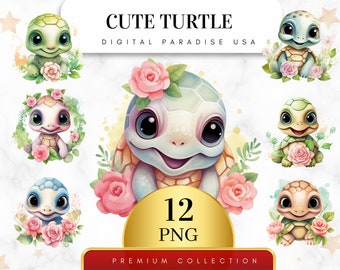 Set of 12, Cute Turtle Clipart, Turtle PNG, Cute Animal Clipart, Watercolor Turtle Art, Baby Shower Decor, Sublimation PNG, Digital Download