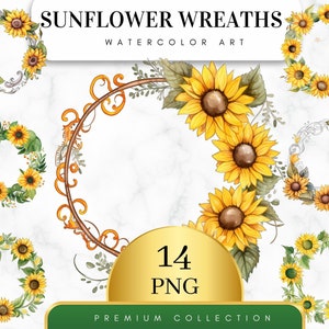 Set of 14, Sunflower Wreaths Clipart, Sunflower PNG, Floral Clipart, Summer Clipart, Wedding Clipart, Sublimation PNG, Digital Download