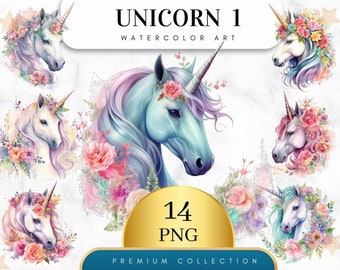 May include: A set of 14 digital watercolor illustrations of unicorns with floral crowns and bouquets. The unicorns are in various poses and have different colored manes and tails. The illustrations are perfect for creating invitations, cards, and other crafts.