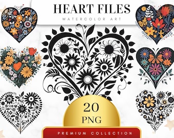 Set of 20, Watercolor Floral Heart Clipart, Heart Sublimation, Valentines Day Png, Love Png, Floral Heart Png, Baby Shower Png, Digital Png
