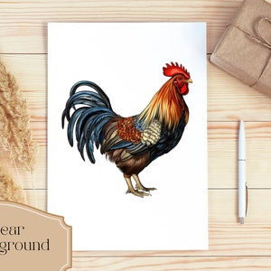 May include: A detailed illustration of a rooster with a red comb and wattles, brown, black, and blue feathers, and a white background.