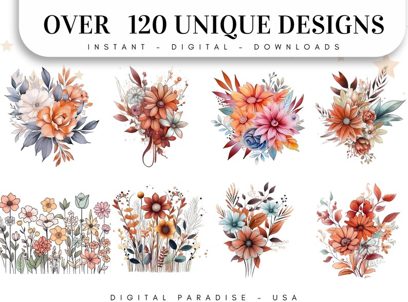 Lot de 120, dessin au trait floral aquarelle terreux, Clipart floral, imprimé floral, Clipart botanique, Art floral Png, Clipart mariage, numérique Png image 2