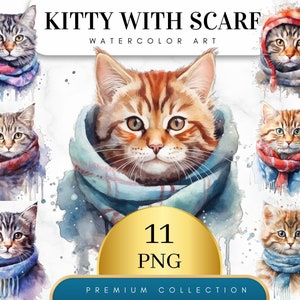 11 個セット、冬の猫のクリップアート、カラフルなスカーフを巻いた猫の PNG、猫の PNG、子猫のクリップアート、カード作成、ミックス メディア、デジタル ペーパー、デジタル PNG