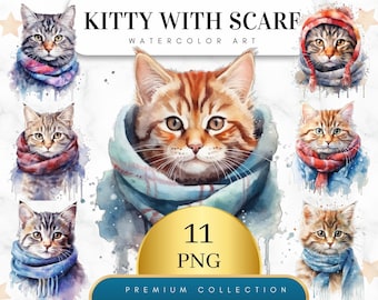 Set of 11, Winter Cats Clipart, Cats with Colorful Scarf Png, Cats Png, Kitty Clipart, Card Making, Mixed Media, Digital Paper, Digital Png