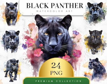 Set of 24, Watercolor Black Panther Clipart, Black Panther Png, Black Panther clipart, Printable Panther Art, Animal Clipart, Digital PNG