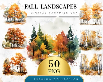 Set van 50, herfstlandschap clipart, bos boom clipart, dennenboom png, bosboom, boslandschap, aquarel boom, bruiloft uitnodiging