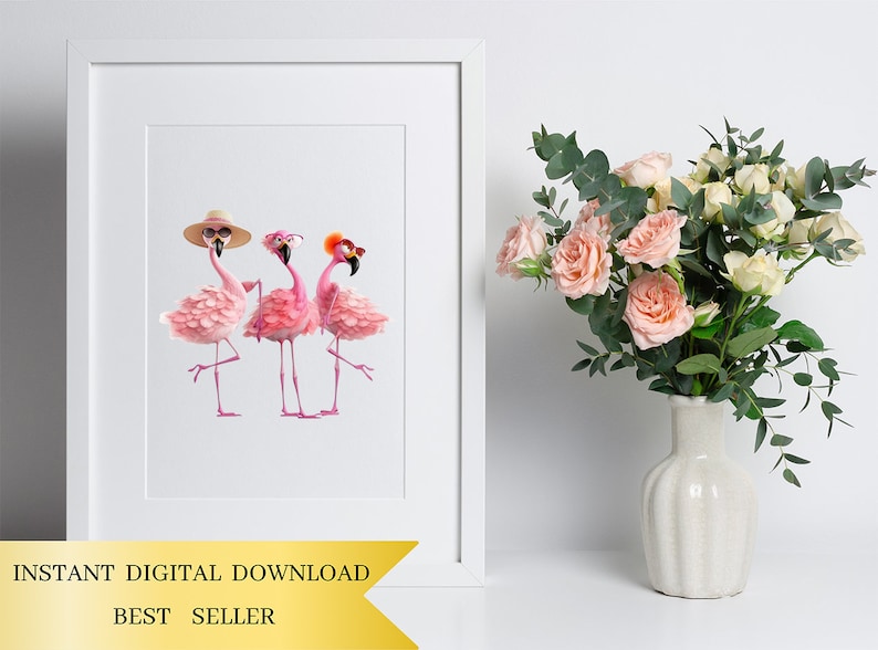 a vase of flowers next to a picture of two flamingos