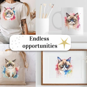 Conjunto de 4, imágenes prediseñadas de gato gruñón en acuarela, gato gruñón PNG, camiseta de gato gruñón, sublimación de animales PNG, gato PNG, arte de gato gruñón, PNG digital imagen 8