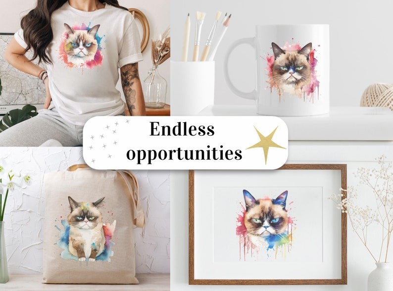Conjunto de 4, imágenes prediseñadas de gato gruñón en acuarela, gato gruñón PNG, camiseta de gato gruñón, sublimación de animales PNG, gato PNG, arte de gato gruñón, PNG digital imagen 8