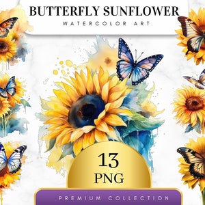 Set of 13, Watercolor Butterfly Sunflower PNG, Flower clipart, Tumbler Sublimation, Butterfly Clipart, Floral bouquet, Wall Art, Digital PNG