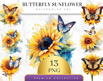 Set of 13, Watercolor Butterfly Sunflower PNG, Flower clipart, Tumbler Sublimation, Butterfly Clipart, Floral bouquet, Wall Art, Digital PNG