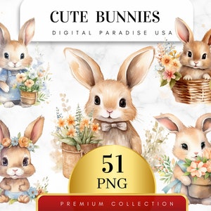 Set of 51, Cute Bunnies Clipart, Bunny PNG, Easter Bunny Clipart, Boho Animal Clipart, Watercolor Bunny, Digital Download, Sublimation PNG