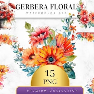Set of 15, Watercolor Gerbera Floral Clipart, Floral PNG, Floral Clipart, Wedding Clipart, Spring Clipart, Watercolor Flower, Digital PNG