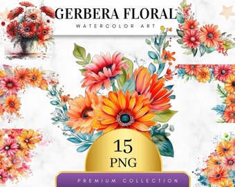 May include: Watercolor painting of 15 gerbera daisies in various shades of orange, red, and yellow. The flowers are arranged in a bouquet with green leaves and stems. The text "GERBERA FLORAL WATERCOLOR ART" is at the top of the image. The text "15 PNG PREMIUM COLLECTION" is at the bottom of the image.