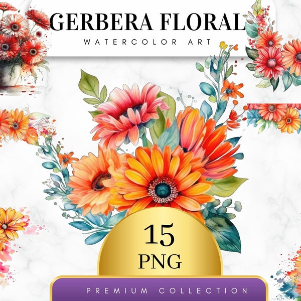 Set of 15, Watercolor Gerbera Floral Clipart, Floral PNG, Floral Clipart, Wedding Clipart, Spring Clipart, Watercolor Flower, Digital PNG