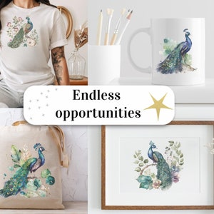 Set of 15, Watercolor Peacock Clipart, Peacock PNG, Boho Peacock Art, Watercolor Bird, Peacock Feathers, Sublimation PNG, Digital Download image 8