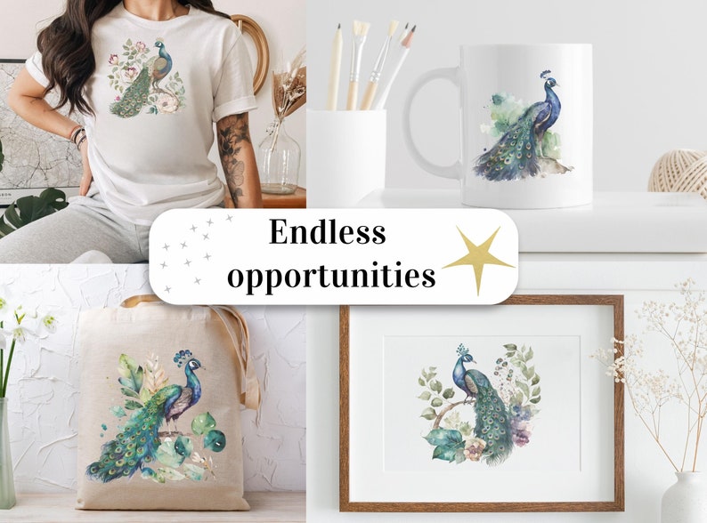 Set of 15, Watercolor Peacock Clipart, Peacock PNG, Boho Peacock Art, Watercolor Bird, Peacock Feathers, Sublimation PNG, Digital Download image 8