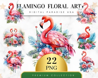 Set of 22, Flamingo Floral Art Clipart, Flamingo Clipart, Floral PNG, Birds Clipart, Flamingo PNG, Wall Art, Sublimation, Digital Download
