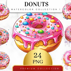 Set of 24, Watercolor Donuts Art, Donuts Clip Art, Dessert Clipart Bundle, Sweet Bakery Food Clipart, Donut png, Food clipart, Digital Png