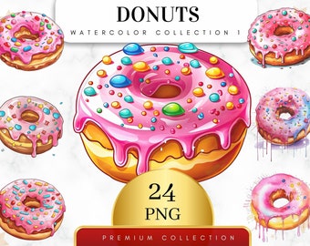 Set of 24, Watercolor Donuts Art, Donuts Clip Art, Dessert Clipart Bundle, Sweet Bakery Food Clipart, Donut png, Food clipart, Digital Png