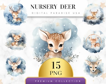 Set di 15, Clipart di cervi per bambini, PNG di cervi, animali del bosco, decorazioni per baby shower, Clipart di cervi, cervi acquerellati, PNG a sublimazione, PNG digitale