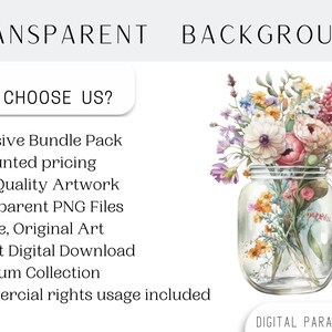May include: A watercolor illustration of a bouquet of flowers in a clear glass jar. The flowers are a mix of pink, white, yellow, and purple. The background is white.