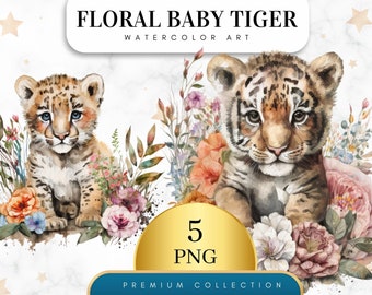 Set von 5, Baby Tiger Blumen Clipart, niedlicher Baby Tiger Png, Aquarell Tiger, Tiger PNG, Tiger Clipart, Tiger Art, Blumentiger, Digitales PNG