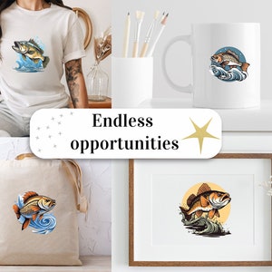 Conjunto de 12 imágenes prediseñadas de lubina, imágenes prediseñadas de peces, imágenes PNG de peces, imágenes prediseñadas de pesca, imágenes prediseñadas de vida en el lago, criaturas marinas, imágenes PNG de sublimación, descarga digital imagen 8