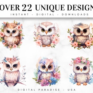 May include: Six digital illustrations of owls with floral wreaths. The owls are in various colors, including pink, blue, and brown. The flowers are in shades of pink, blue, and white. The text "OVER 22 UNIQUE DESIGNS" is at the top of the image. The text "INSTANT - DIGITAL - DOWNLOADS" is below the owls. The text "DIGITAL PARADISE - USA" is at the bottom of the image.