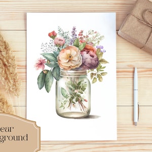 May include: A watercolor painting of a bouquet of flowers in a clear glass jar. The flowers are pink, purple, and orange. The background is white.