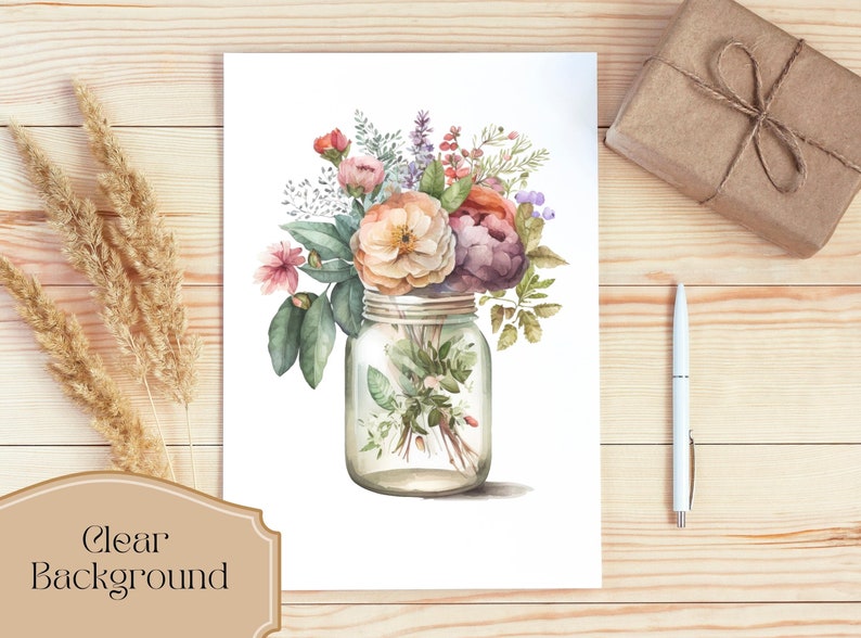 May include: A watercolor painting of a bouquet of flowers in a clear glass jar. The flowers are pink, purple, and orange. The background is white.