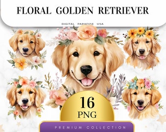Set of 16, Floral Golden Retriever Clipart, Golden Retriever PNG, Watercolor Dog, Dog Clipart, Pet Clipart, Sublimation PNG,Digital Download