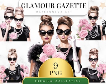Set of 9, Watercolor Glamour Gazette, Fashion girl Clipart, Fashion Girl Png, Girl with Glasses, Girl Boss Clipart, Girls Art, Digital Png