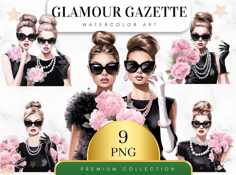 Set of 9, Watercolor Glamour Gazette, Fashion girl Clipart, Fashion Girl Png, Girl with Glasses, Girl Boss Clipart, Girls Art, Digital Png image 1