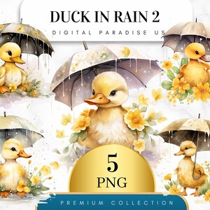 Set of 5, Duck in Rain Clipart, Duck PNG, Rainy Day Clipart, Watercolor Duck, Duckling Clipart, Nursery Clipart, Sublimation PNG,Digital PNG